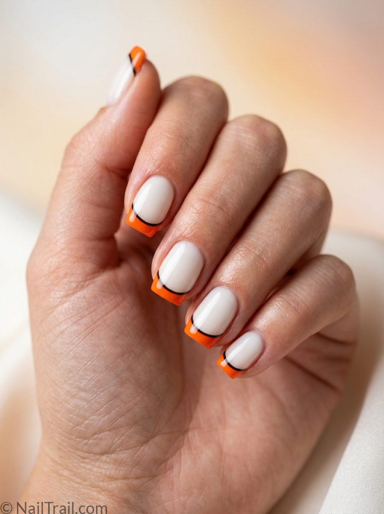 no doubt nails short square shape orange french tip white base black line detail glossy gel finish gradient background