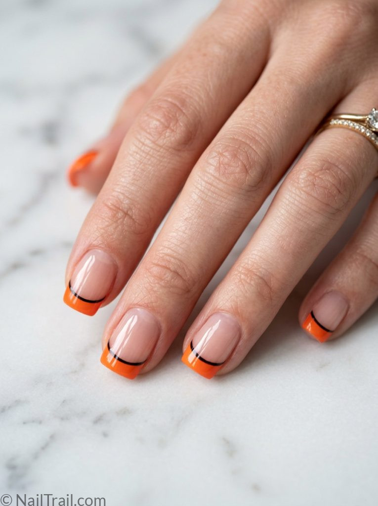 no doubt nails short square shape clear base orange french tip thin black line glossy gel finish marble background