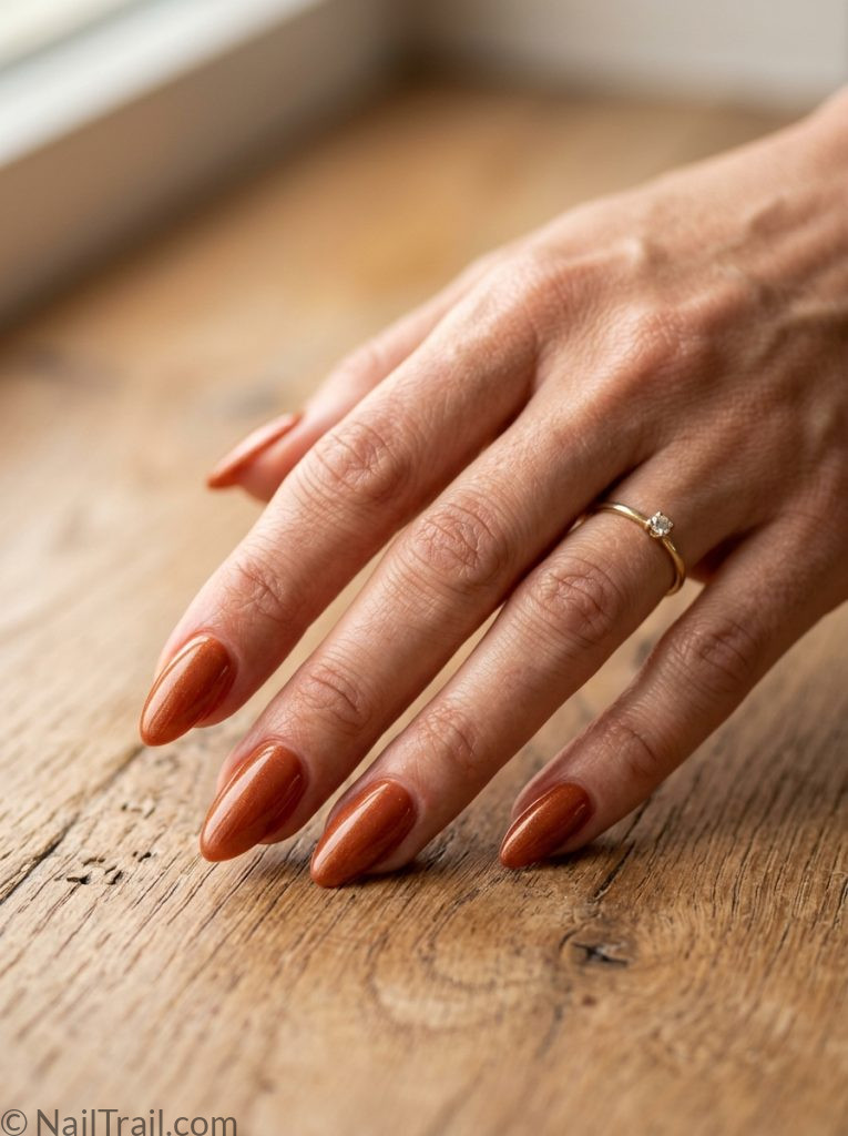 orange baddie nails burnt orange almond shimmer glossy warm