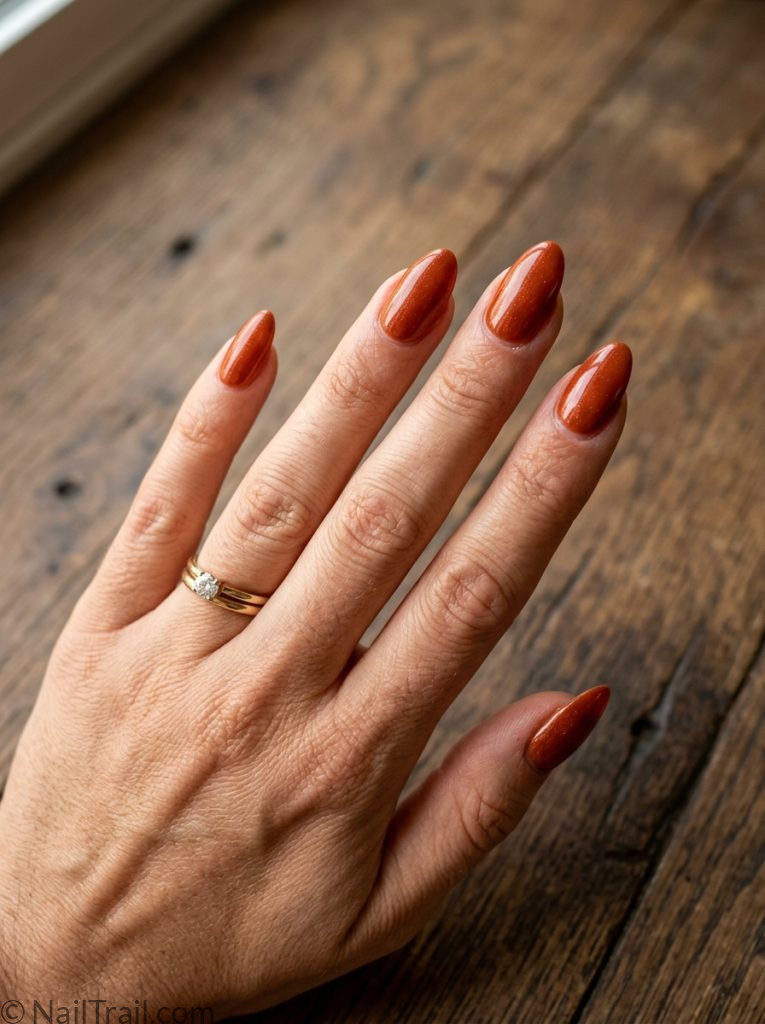 morgan wallen nails orange rust almond shimmer glossy warm earthy country vibrant