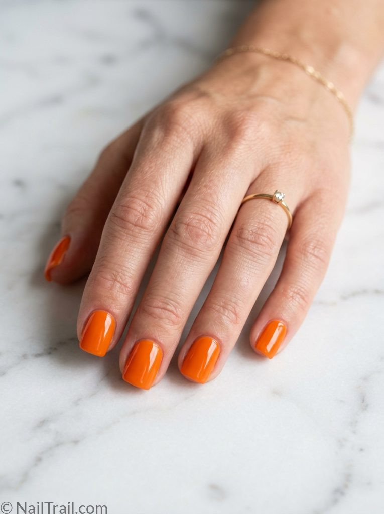 no doubt nails short square shape tragic kingdom orange glossy gel finish white marble background