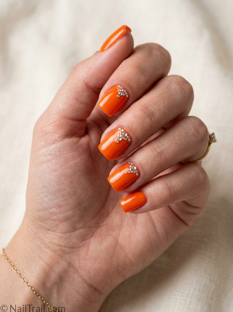 no doubt nails short square shape orange rhinestone bindi accent details glossy gel finish cream background