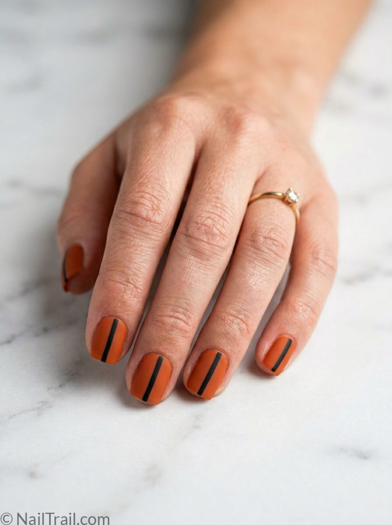no doubt nails very short square shape matte orange single black stripe accent matte finish marble background