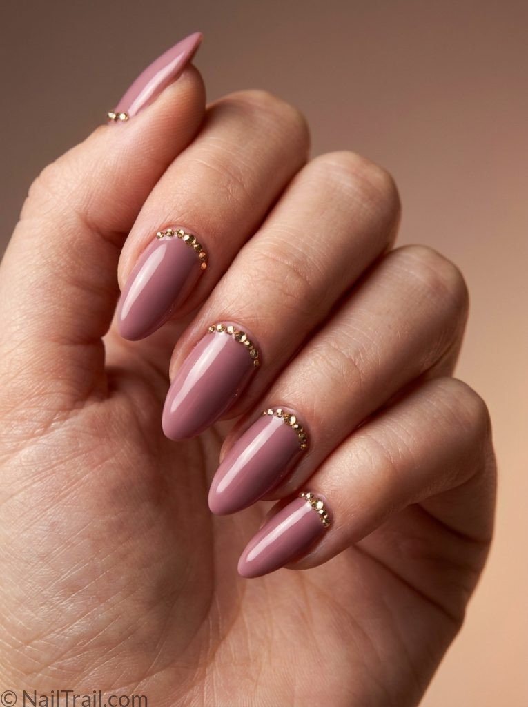 bruno mars nails inspo vintage mauve pink almond gold rhinestone cuticle glossy romantic