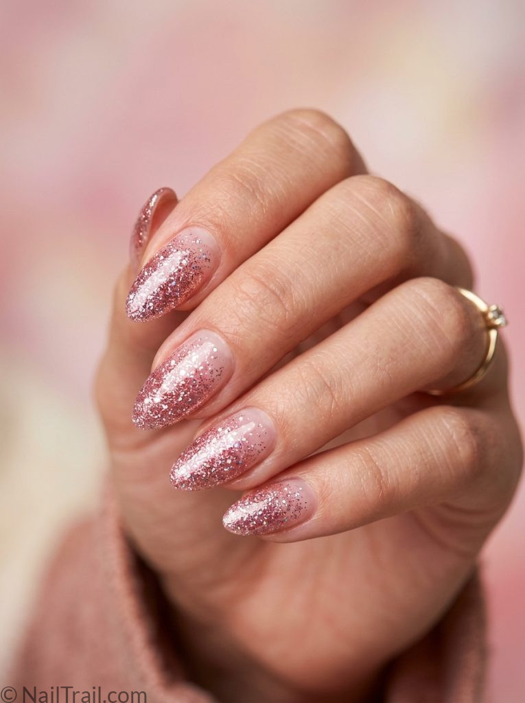 summer nails 2026 ideas pink glitter gradient almond tip to clear glossy sparkle
