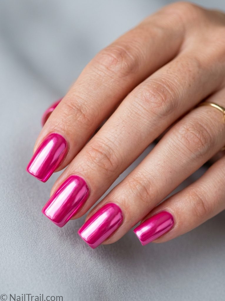 pink baddie nails hot pink chrome square mirror finish glossy