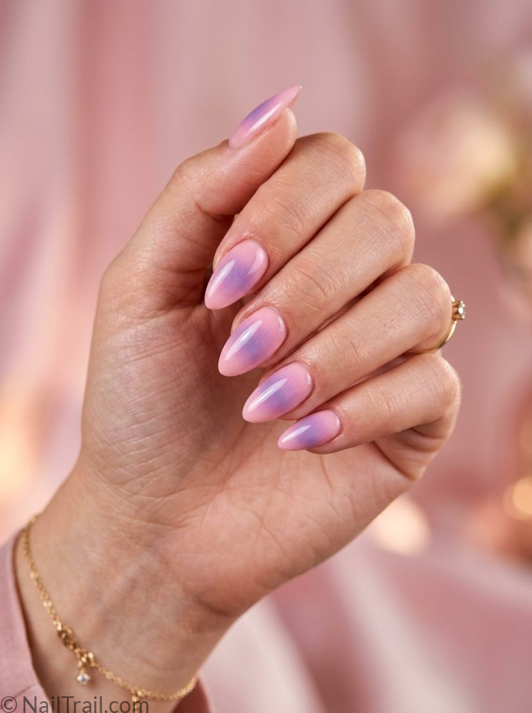 trendy baddie nails aura gradient pink purple almond glossy