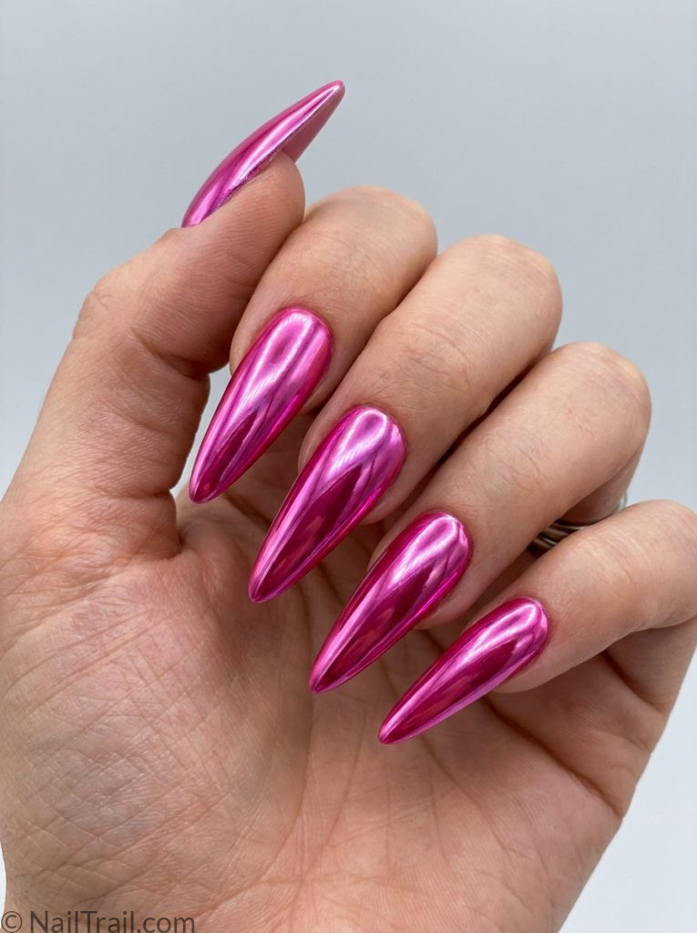 pink vacation nails hot pink chrome stiletto mirror metallic glossy bold glamorous travel
