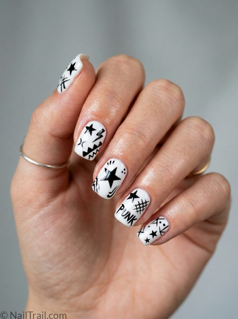no doubt nails short square shape white black 90s punk graphic stars lines glossy gel finish grey background