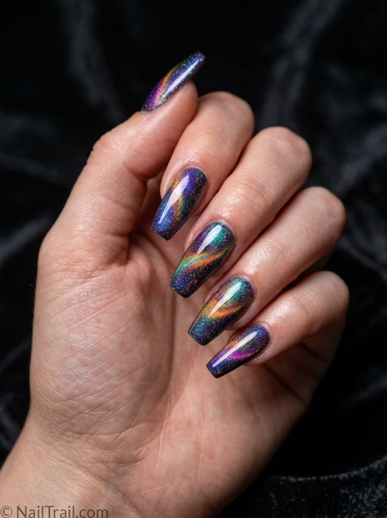 cat eye summer nails inspo rainbow aurora coffin multidimensional shift glossy mesmerizing bold