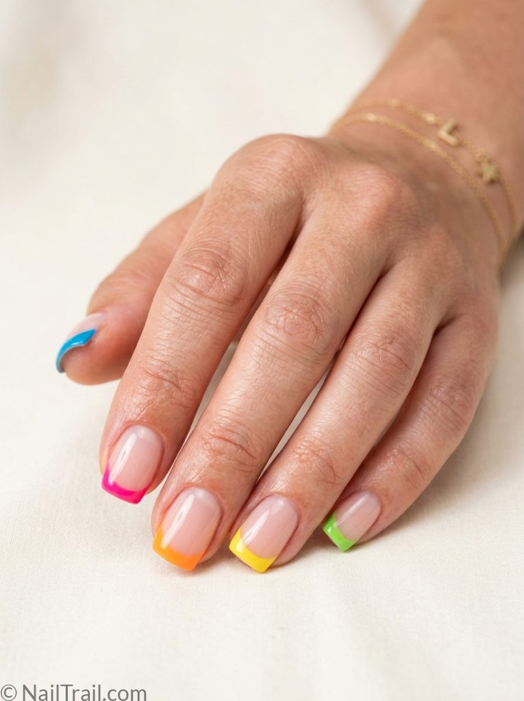 bright summer nails 2026 rainbow mismatched color tips nude short square glossy fun