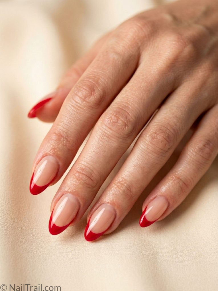 simple bruno mars nails ideas red french tip almond nude base glossy elegant romantic
