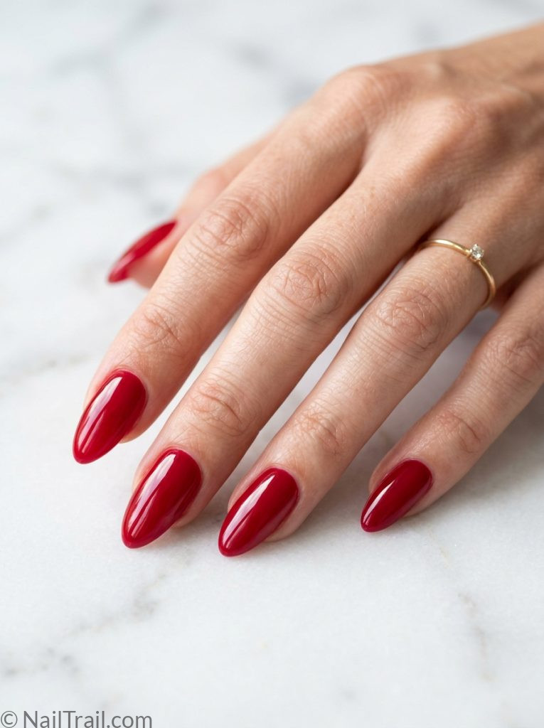 summer nails 2026 red cherry glazed almond high shine glossy bold classic