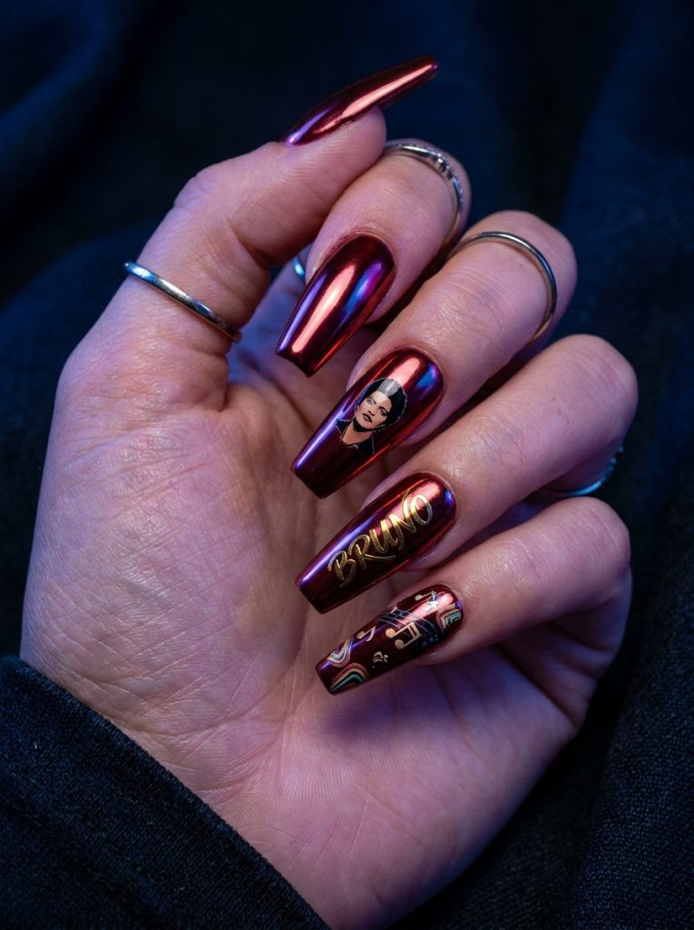 bruno mars nails design red chrome mirror coffin metallic glossy dramatic bold