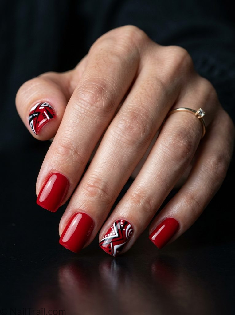 red funky nails bold red white black graphic shapes accent square glossy