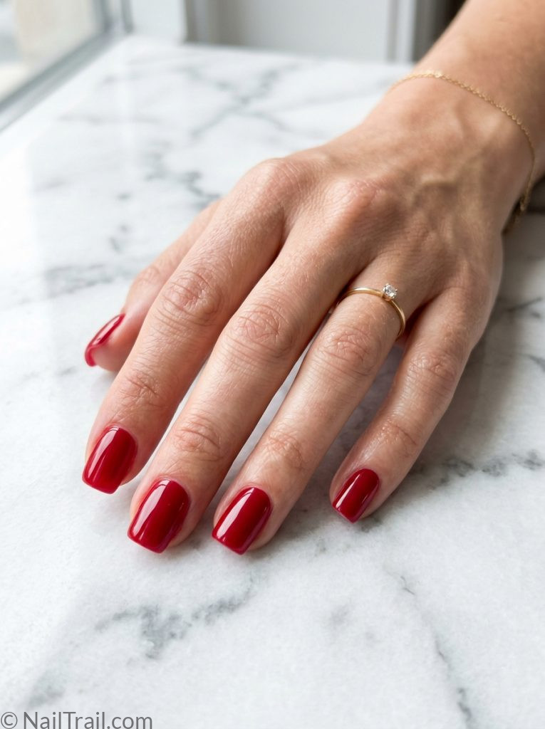 red baddie nails cherry glazed short square high shine mirror