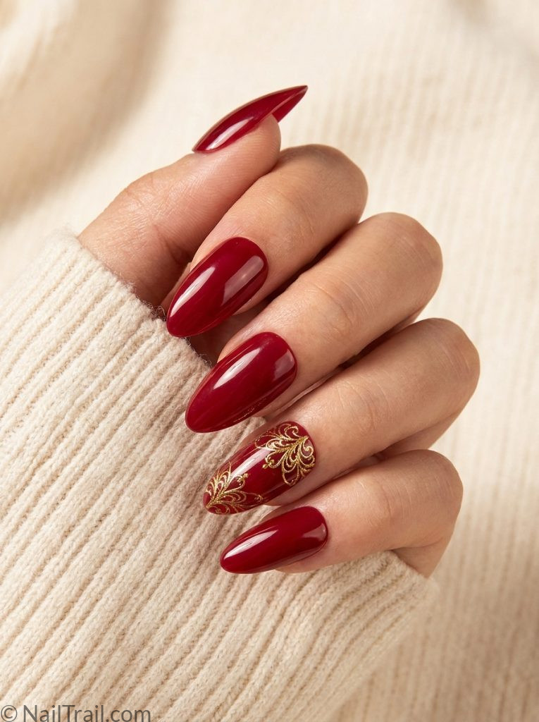 bruno mars press on nails deep red almond gold accent glossy concert convenient