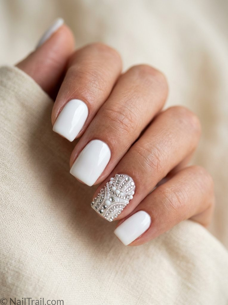 michael jackson nails short square shape white rhinestone glove accent nail glossy gel finish cream background
