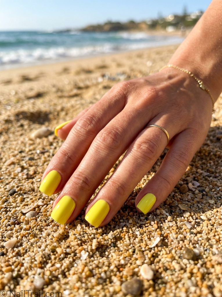 short vacation nails yellow lemon square fun bright glossy cheerful practical travel summer
