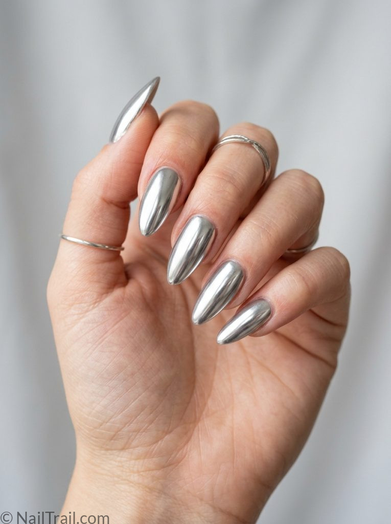 baddie acrylic nails long almond silver chrome mirror finish glossy