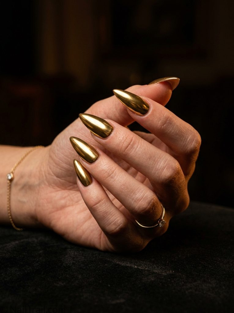 stiletto vacation nails gold chrome glam mirror metallic glossy dramatic luxurious travel