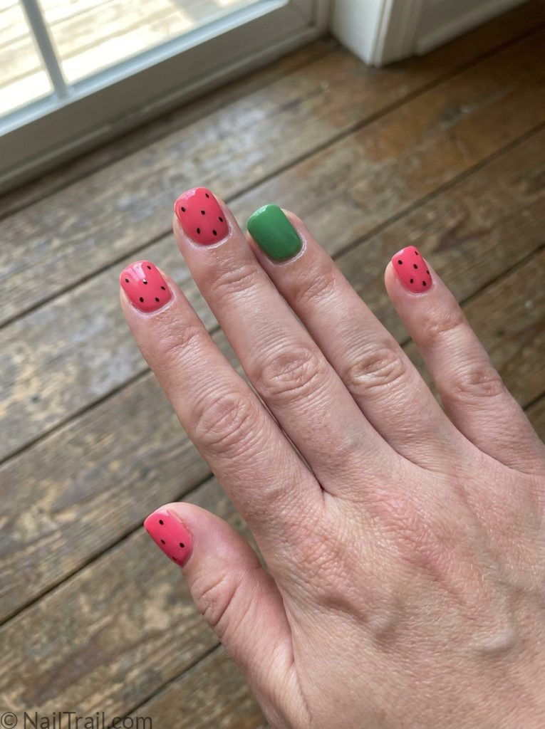 cute summer nails 2026 watermelon pink seed green accent short square glossy fun