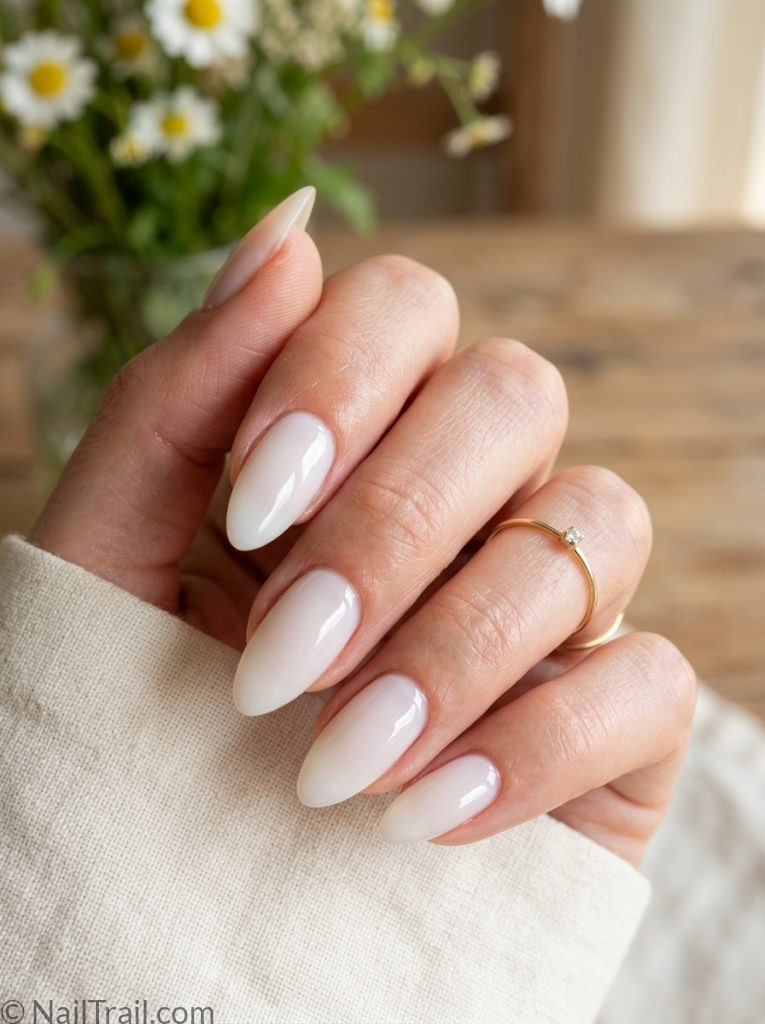 simple summer nails 2026 almond milky white glazed translucent high shine glossy