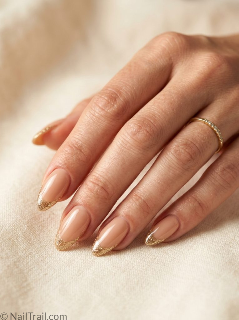 summer nails 2026 almond gold glitter french tip nude base glossy elegant warm