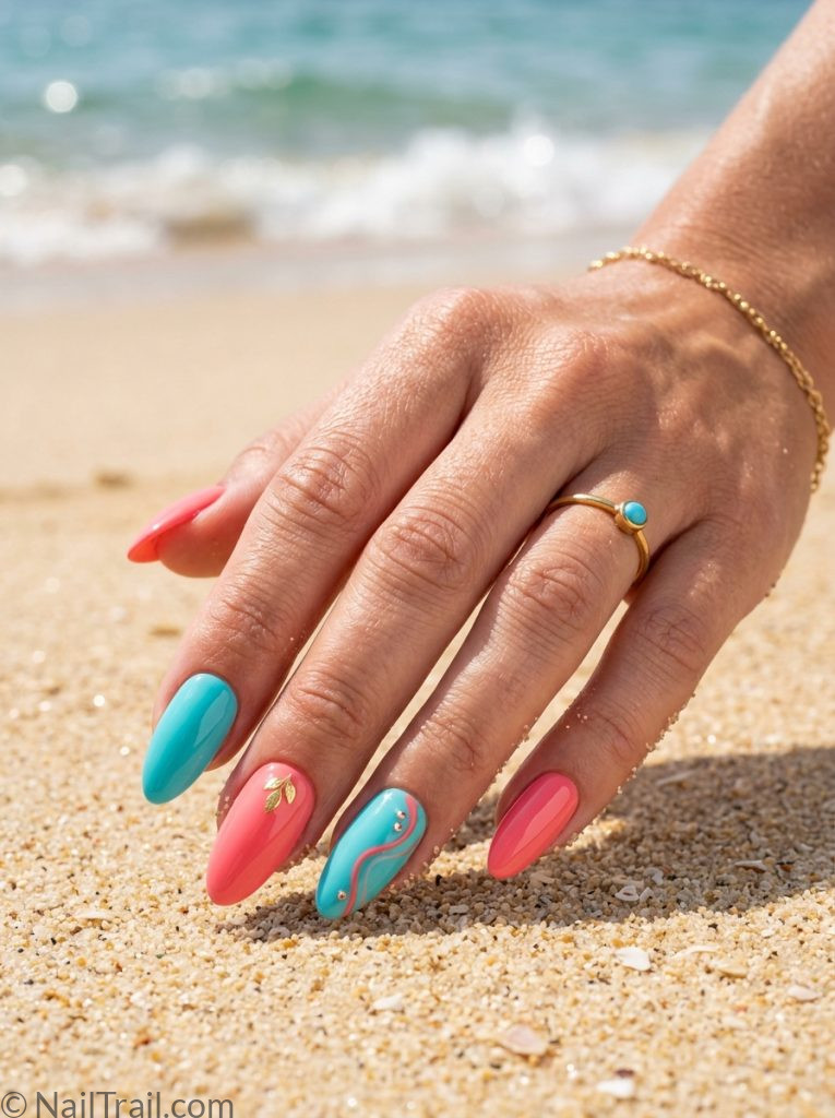 summer nails 2026 press on almond bright coral turquoise glossy beach convenient