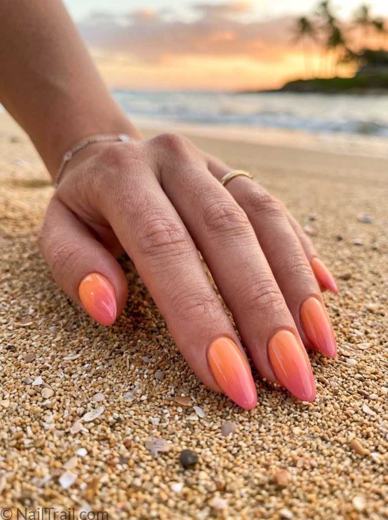 vacation nails almond sunset ombre orange pink beach gradient glossy warm dramatic tropical
