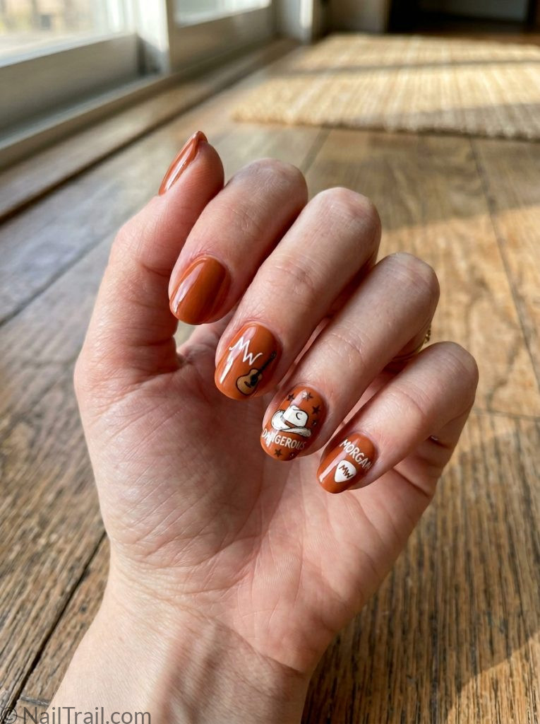 morgan wallen gel nails terracotta orange brown short oval glossy earthy warm country