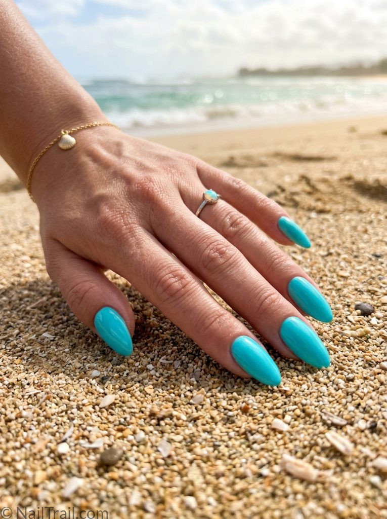 plain colorful beach nails solid turquoise almond bright glossy clean vibrant ocean summer