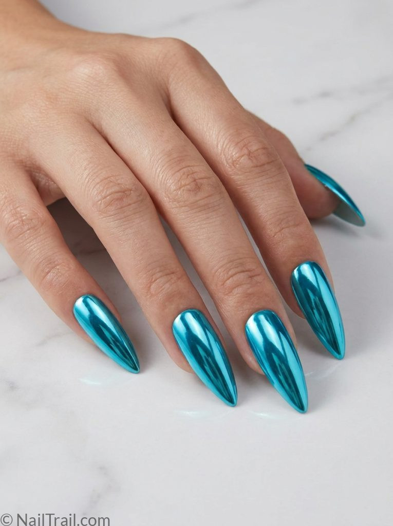 vacation nails stiletto turquoise chrome mirror metallic glossy bold dramatic travel