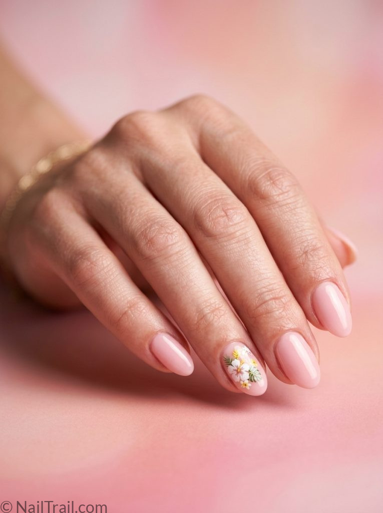 cute vacation nails pink flower short almond tropical sticker accent glossy sweet feminine travel