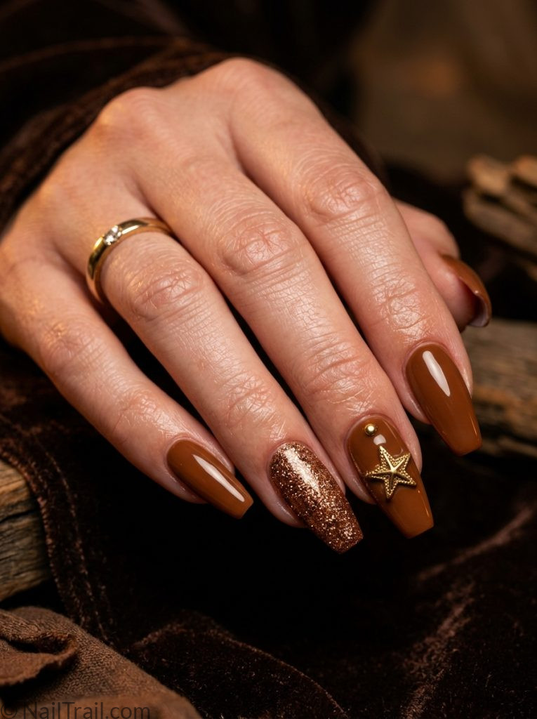 morgan wallen nails inspiration brown coffin gold star bronze glitter western glam glossy maximalist