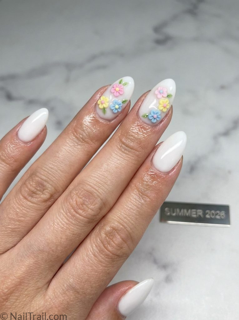 summer nails 2026 inspo 3d flower charm white almond glossy dimensional colorful