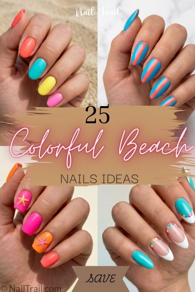 colorful beach nails bright coral turquoise pink orange stripe starfish french tip almond square collage