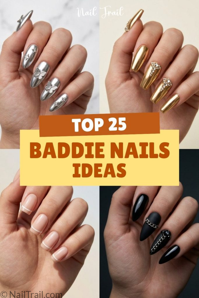 baddie nails y2k gold emo clean goth almond square acrylic collage
