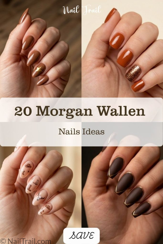 morgan wallen nails brown orange nude almond square coffin western star bronze glossy country collage