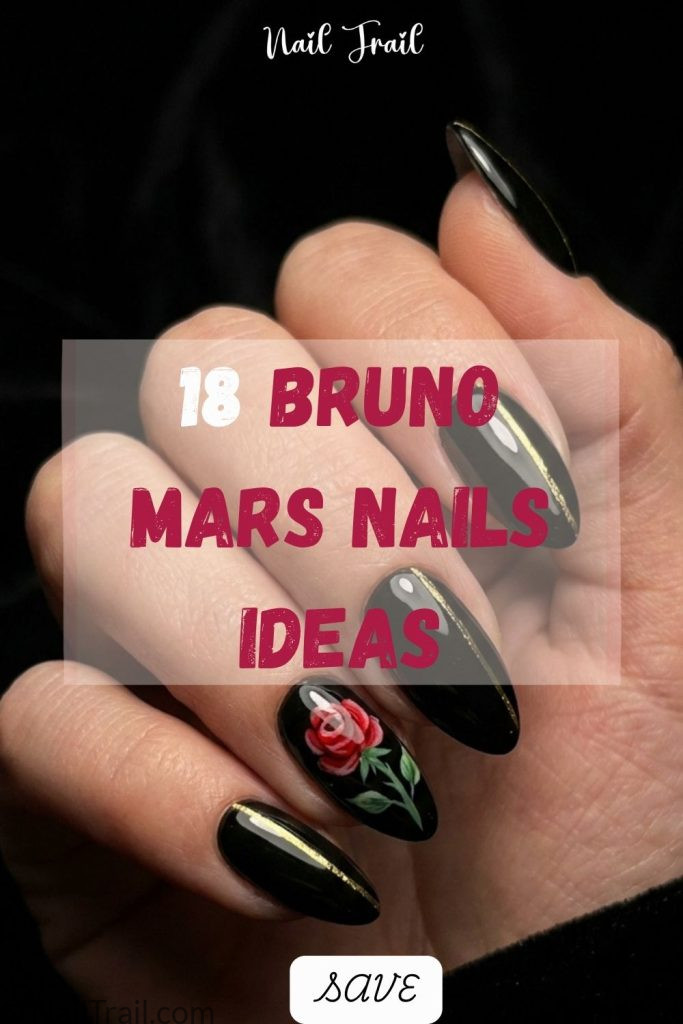 bruno mars romantic tour nails black rose art gold line almond glossy dramatic