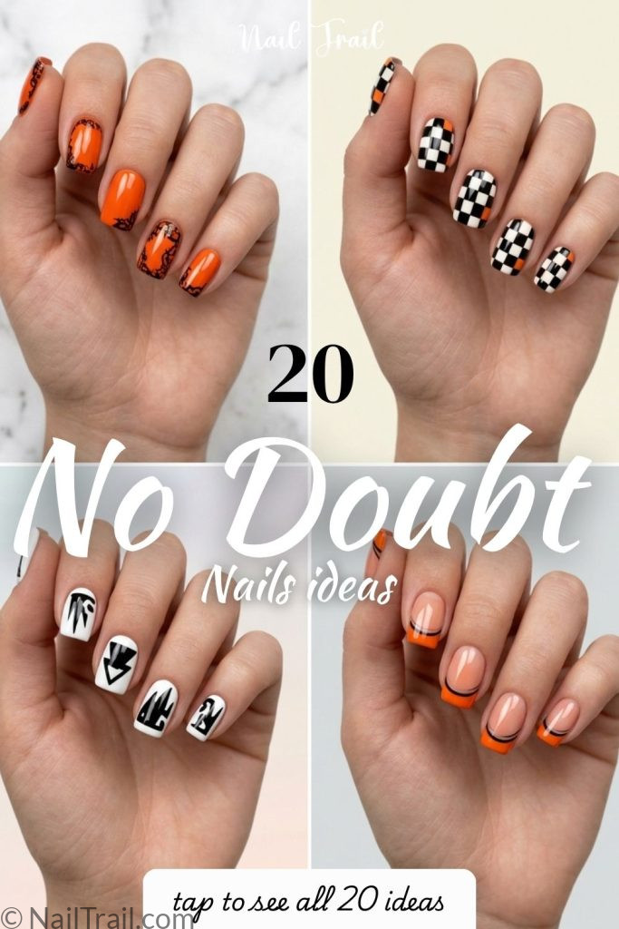 no doubt nails short square shape orange black white checkered 90s punk french tip glossy gel finish
