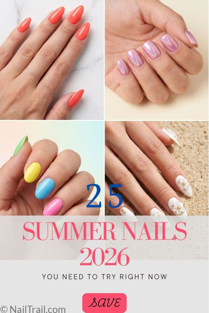 summer nails 2026 coral pink holographic chrome mismatched bright 3d flower almond short collage