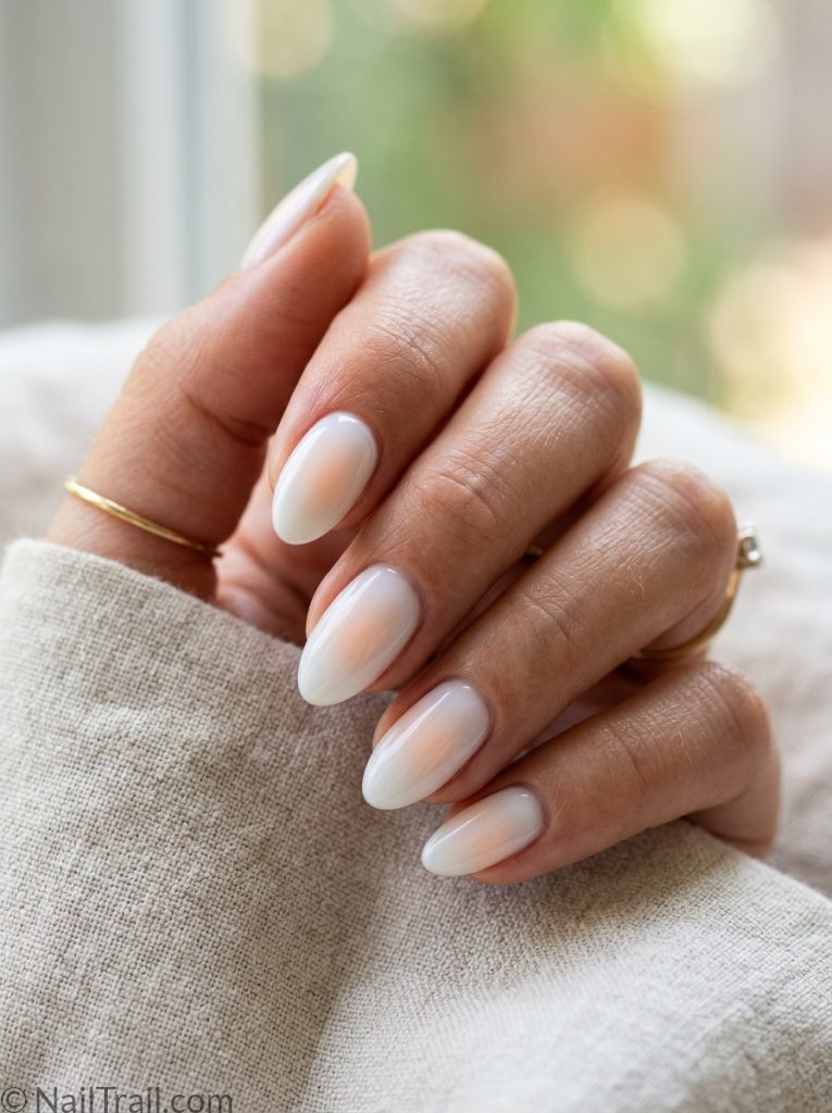 simple aura summer nails white glow short almond ethereal translucent glossy dreamy soft