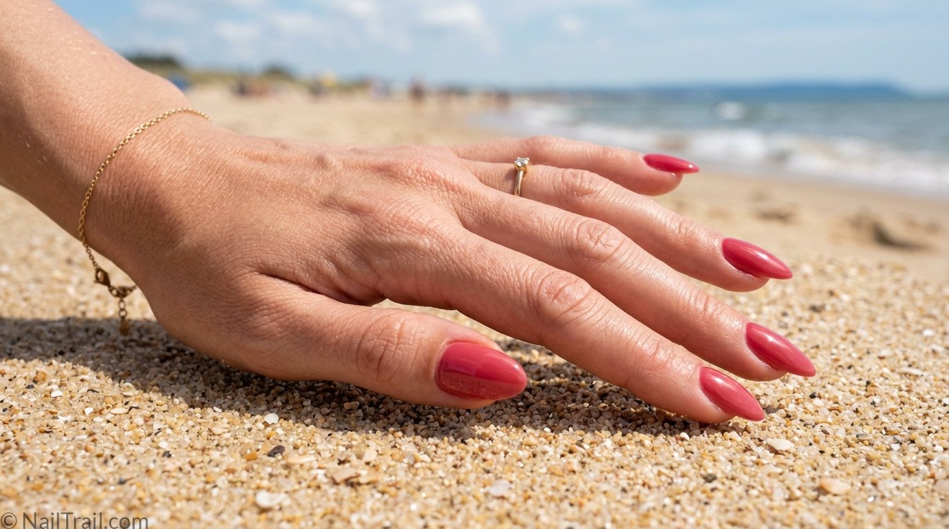 july nails cherry red glazed almond glossy beach sand summer 2026 patriotic beautiful