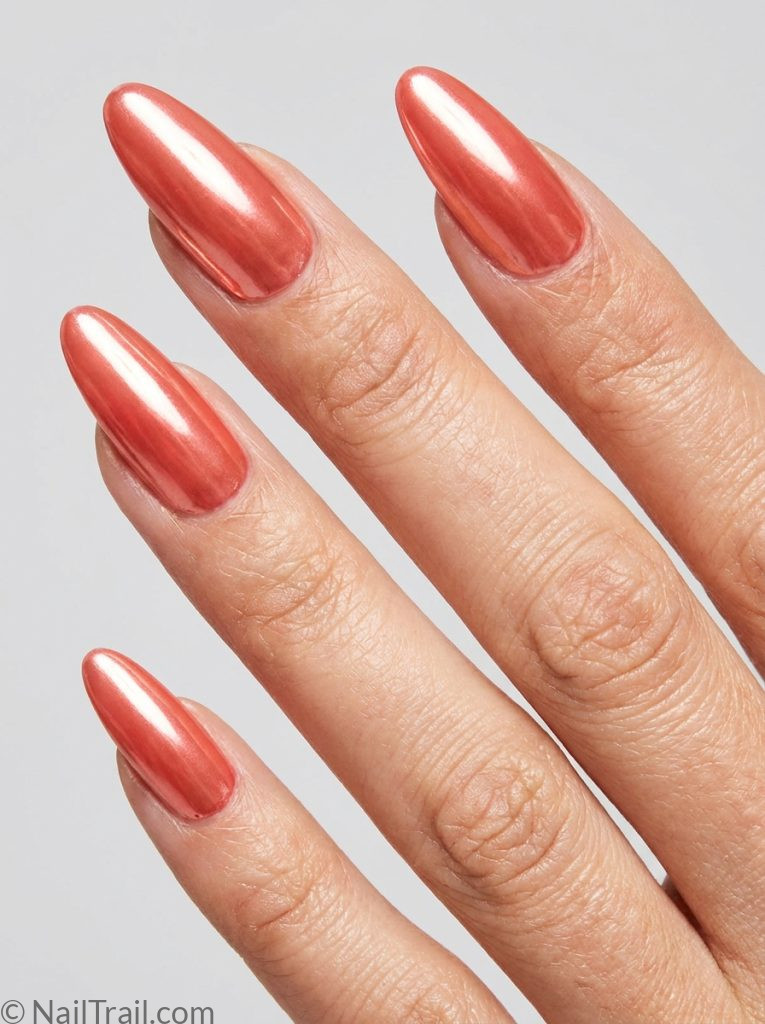 hottest summer nails color coral chrome almond mirror metallic glossy vibrant warm trending