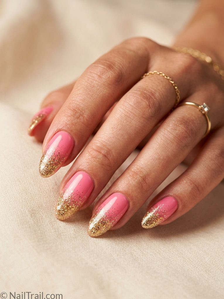 hottest summer nails trends pink gel gold glitter sparkle gradient almond glossy glamorous festive