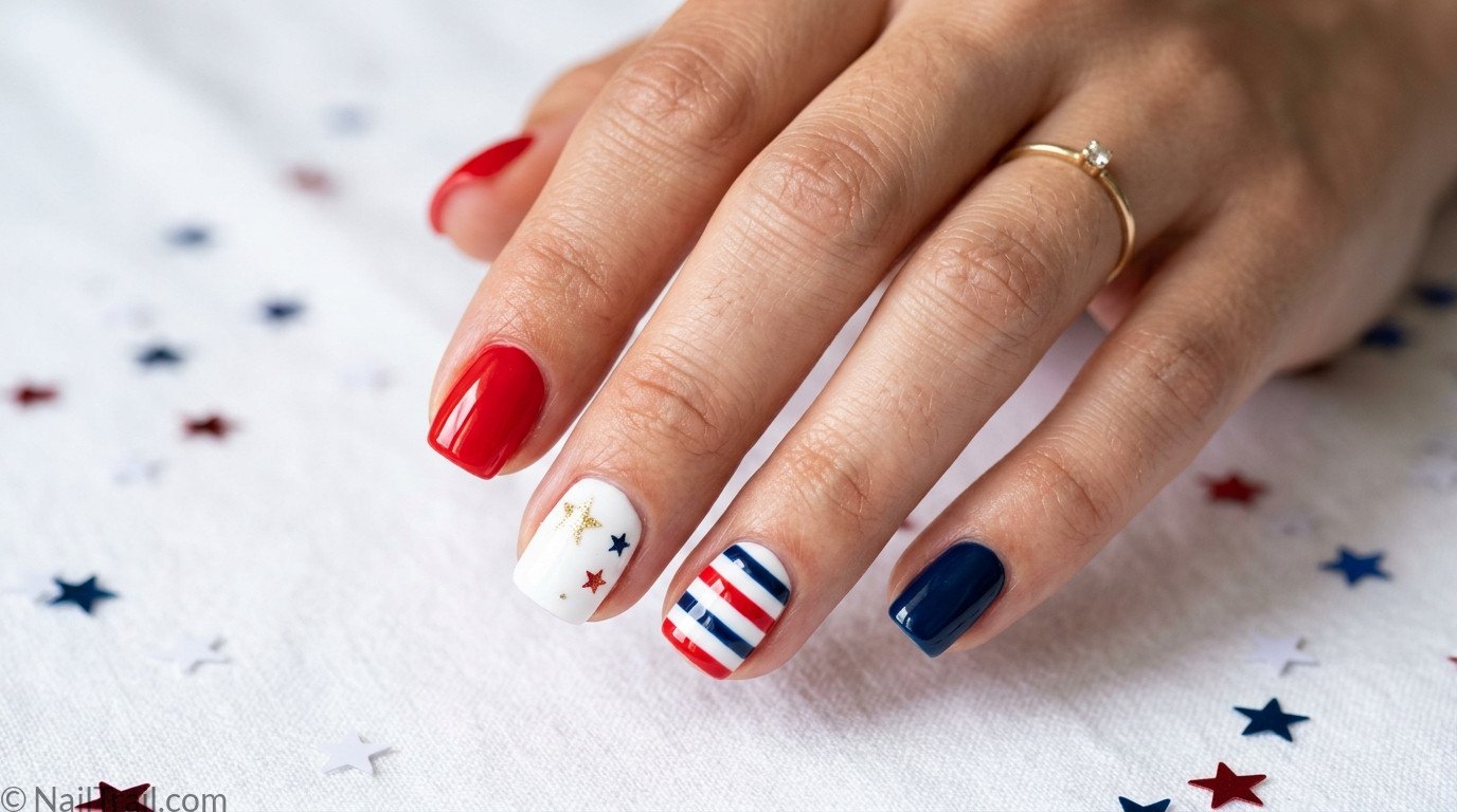 4th of july nails simple red white blue short square star stripe glossy gel finish patriotic
