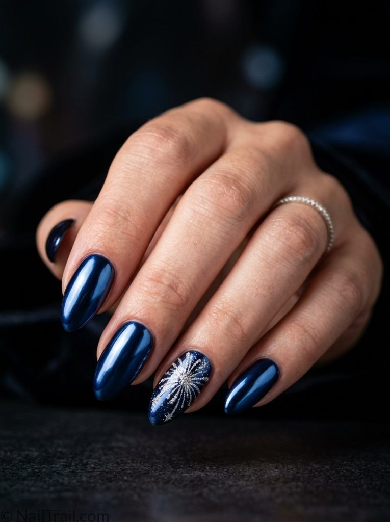 4th of july nails simple chrome blue firework glitter almond accent metallic glossy dramatic patriotic