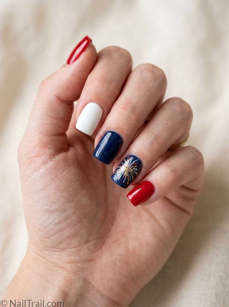 4th of july nails simple acrylic short square red white navy blue glitter firework accent glossy