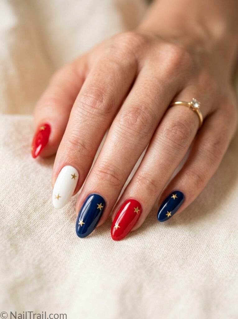 simple western 4th of july nails almond red white navy alternating western star sticker glossy gel patriotic